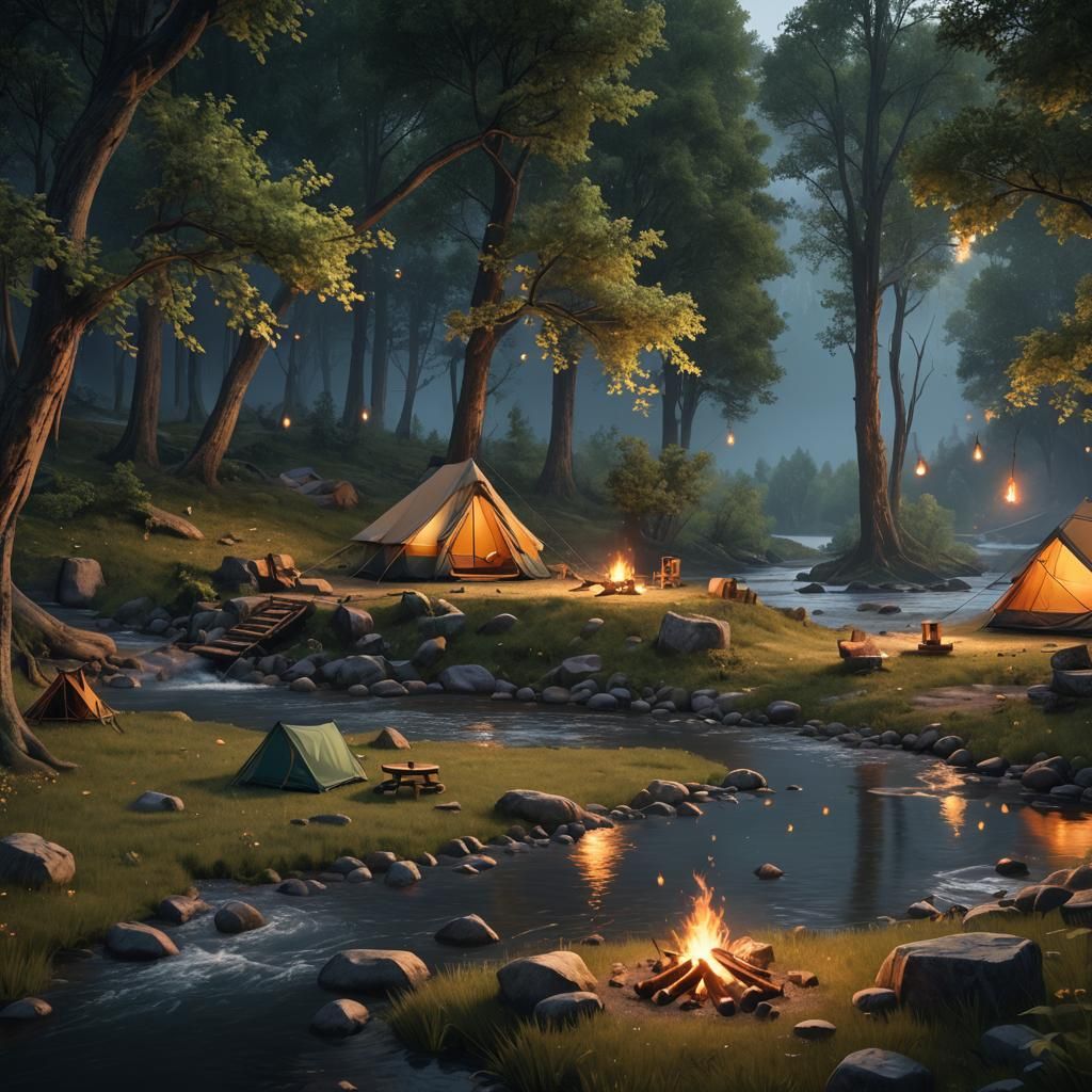 Enchanted Riverside Campfire Under Firefly Stars