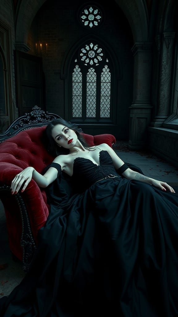 Gothic Vampire Queen in Decaying Castle: Photorealistic Dark...
