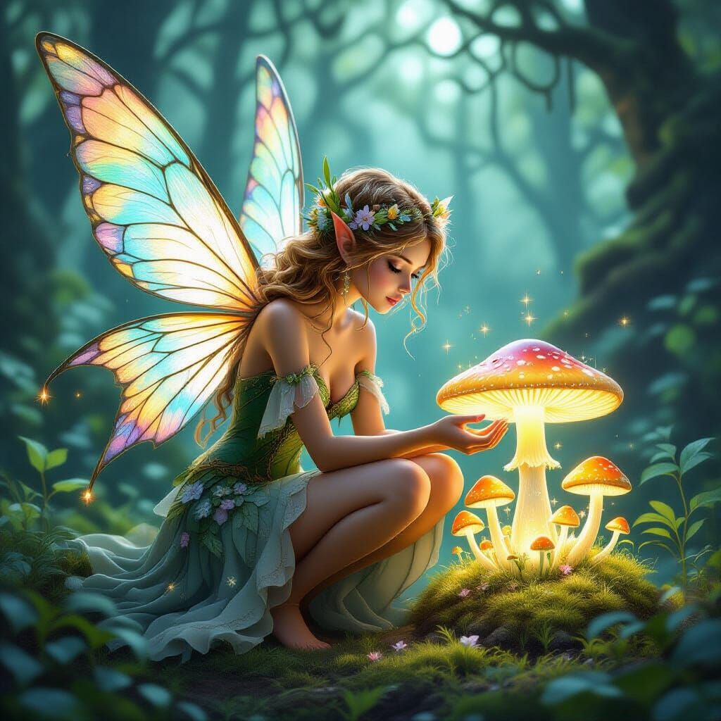 Forest Fairy Tending Bioluminescent Mushrooms in Ethereal Li...
