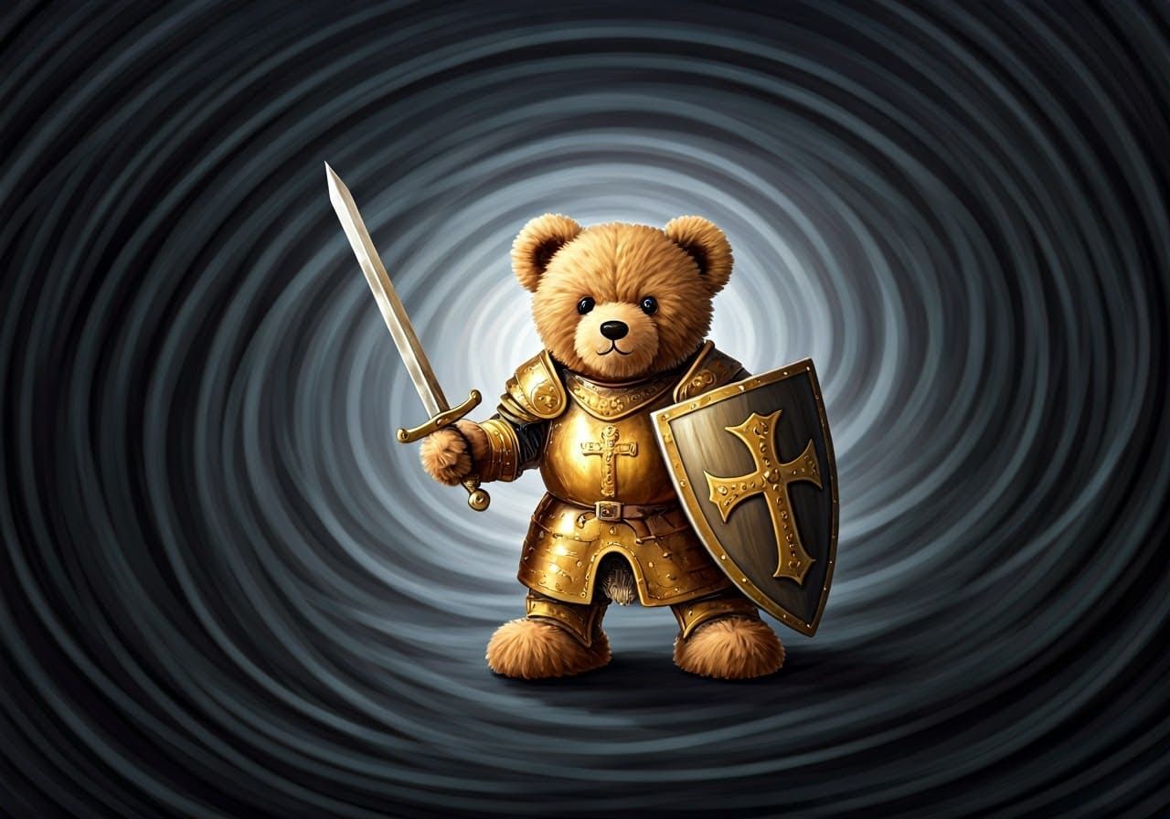 Teddy Bear Knight Battling Darkness in Whimsical Style