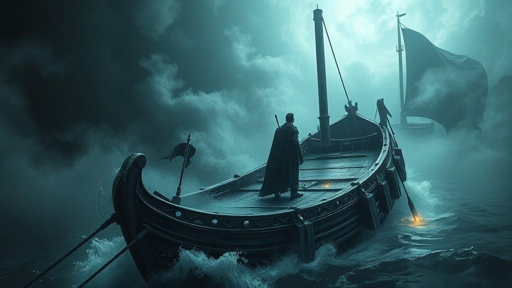 Majestic Ferryman Stands at the Helm of Ancient, Weathered V...