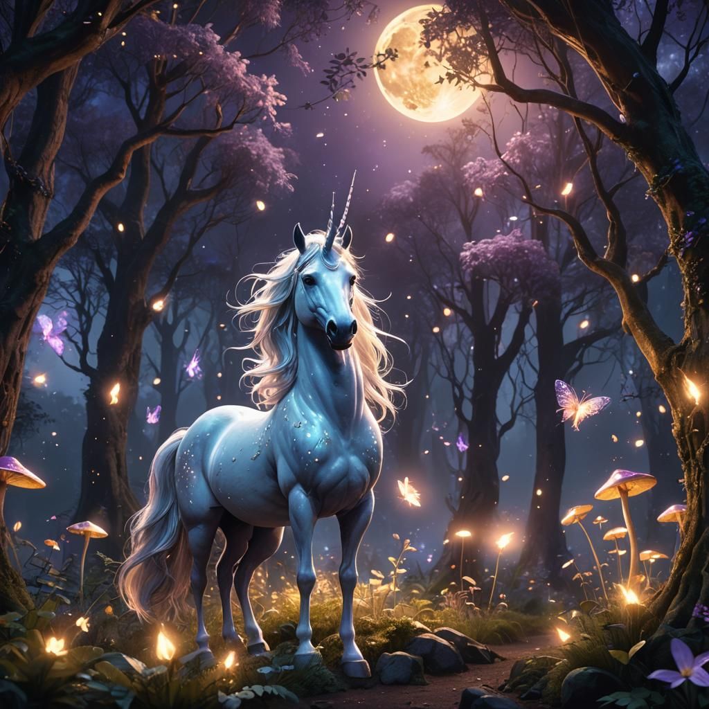 Unicorn in Magical Forest: Fantasy Concept Art