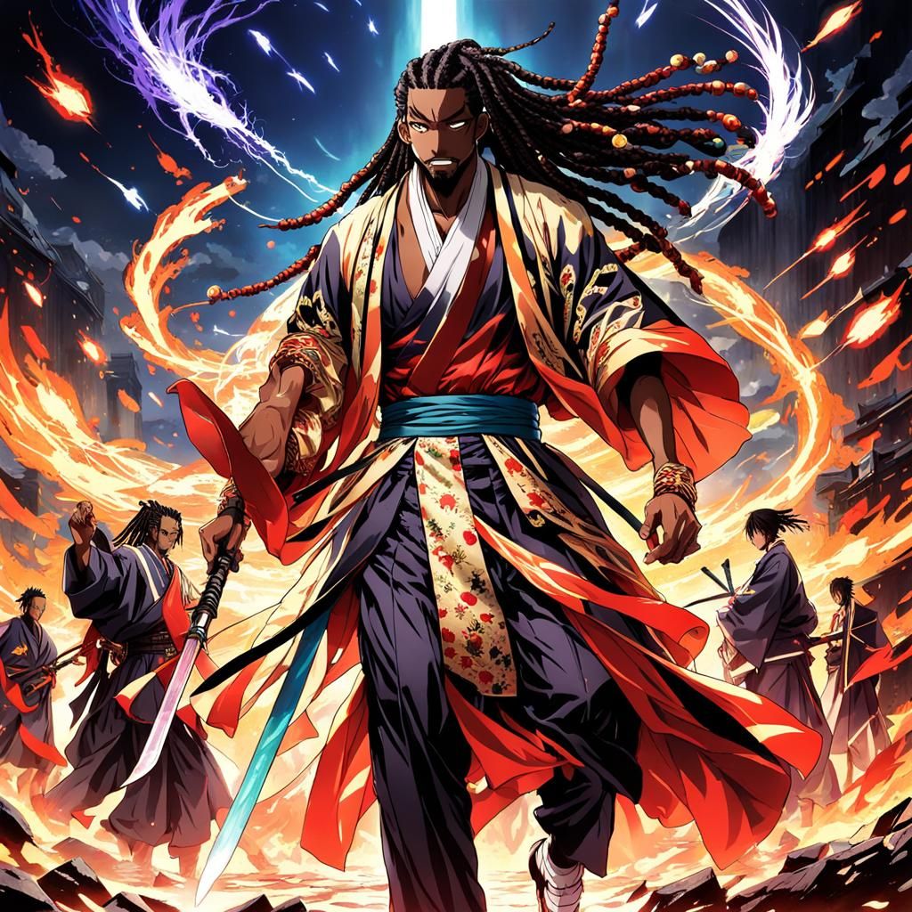Black Man in Kimono Fighting Magical War: Anime Art