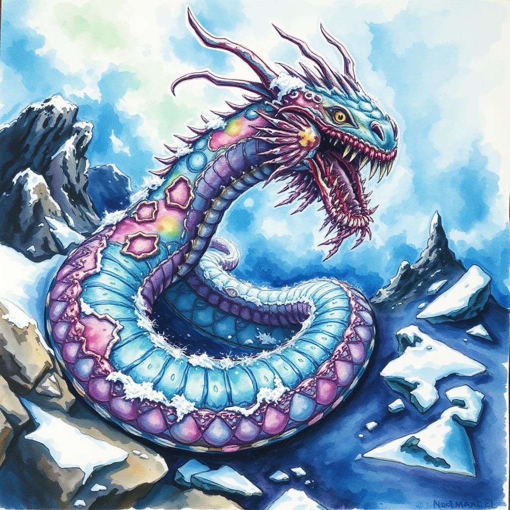 Leviathan Serpent in Frozen Wasteland, Watercolor Style