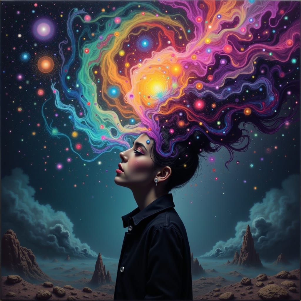 Swirling Galaxy Enters Woman's Mouth: Surreal Art