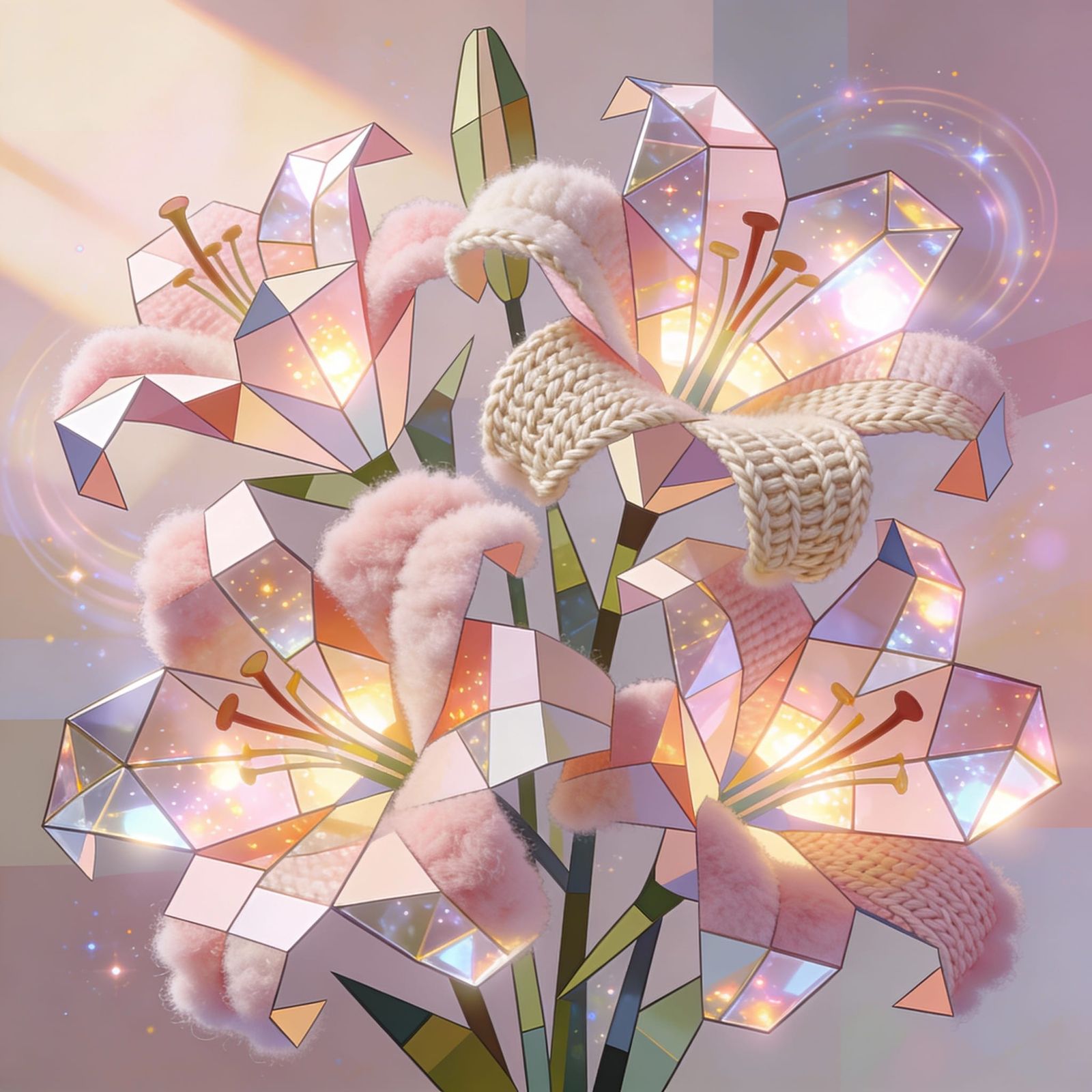 Cubist Lilies with Geometric Forms and Pastel Tones