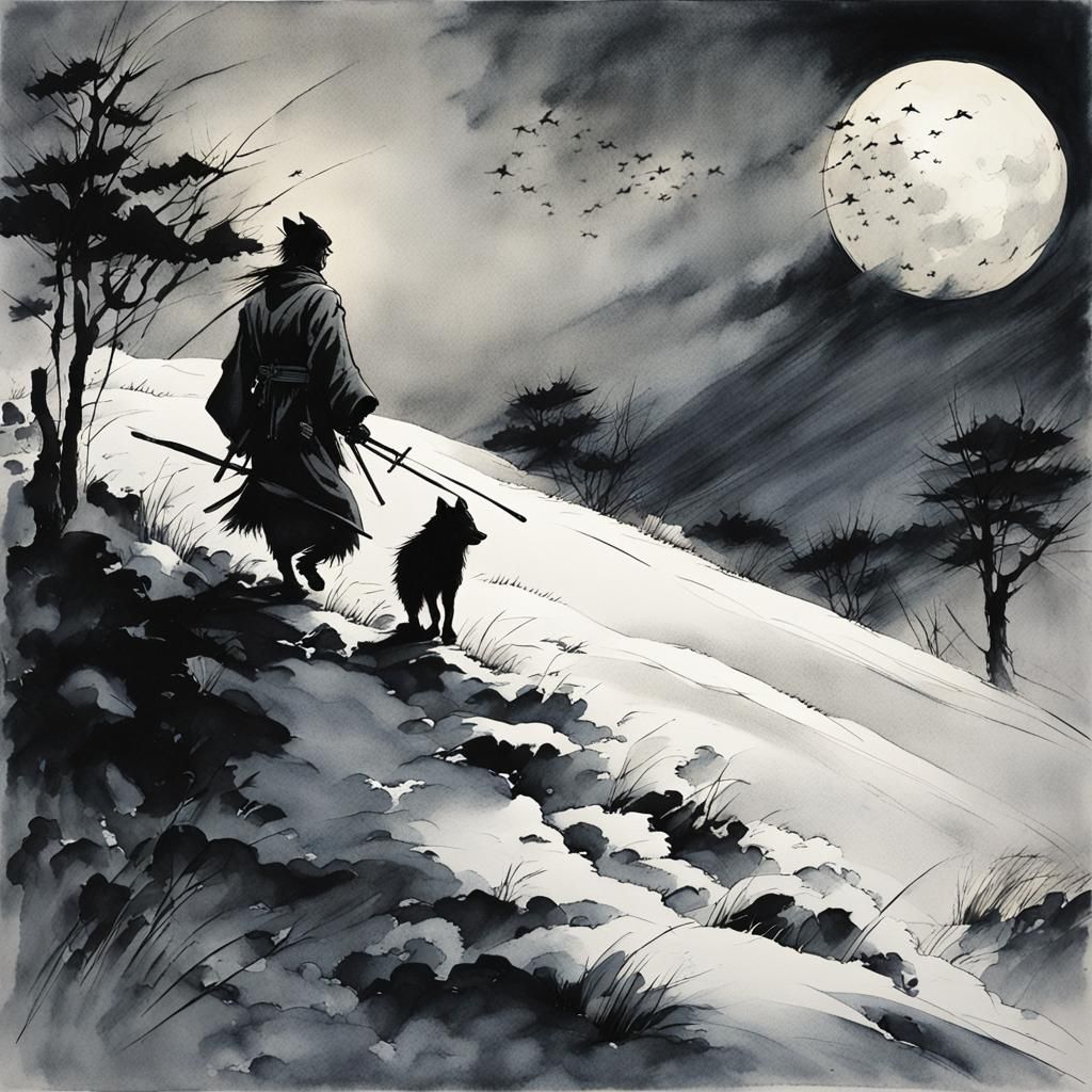 Ronin and Wolves on Snowy Hillside: Ink Wash Painting