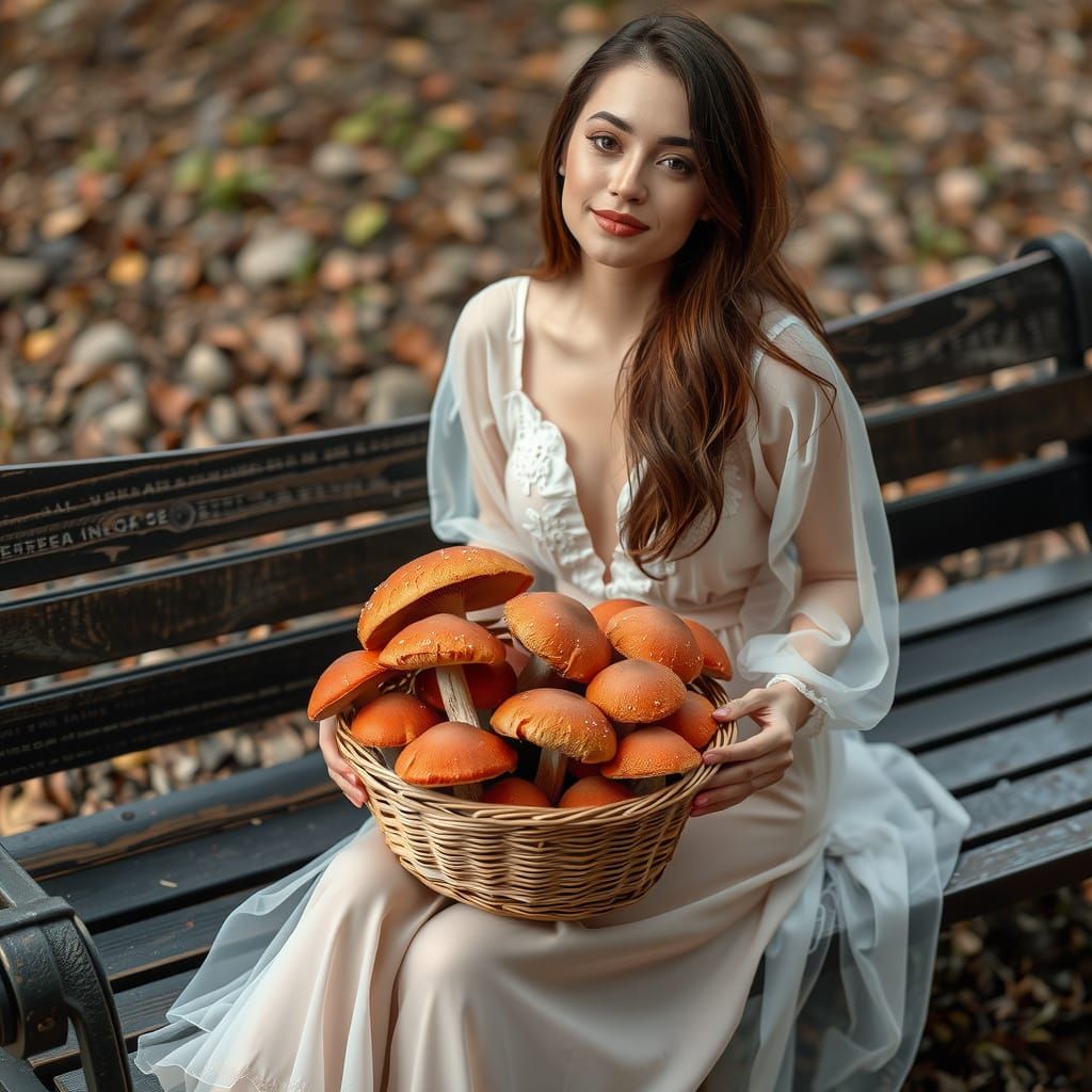 Ethereal Woman Sits Among Fungi in a Dreamlike Setting