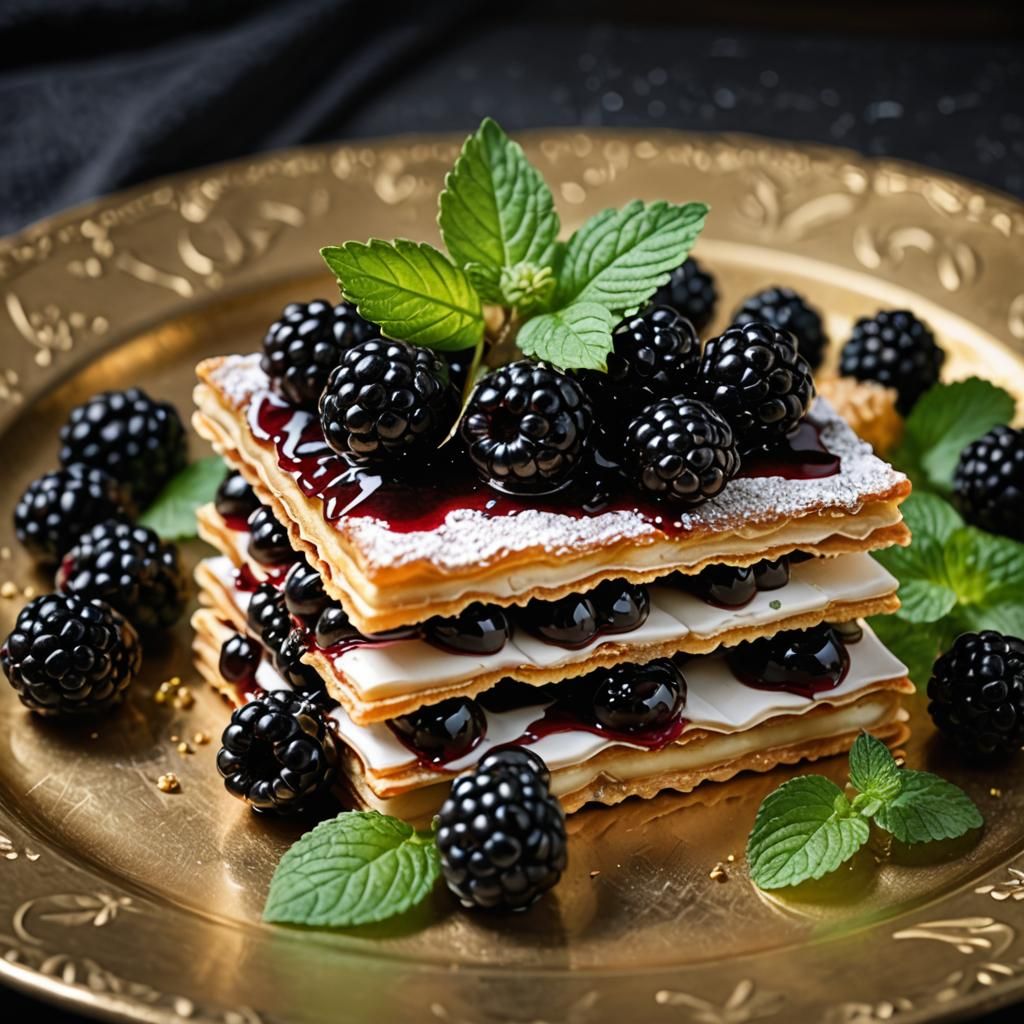 Elegant Mille-Feuille with Blackberries in HDR Photography