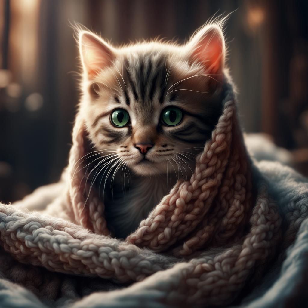 Kitten Snuggled in Blankets: Digital Matte Painting