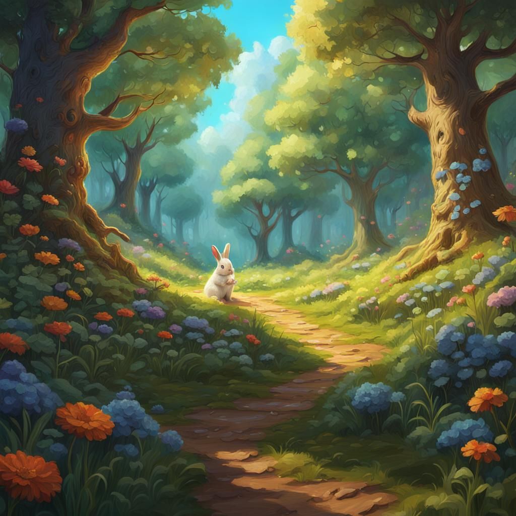 Cheerful Bunny in Forest Clearing Oil Painting