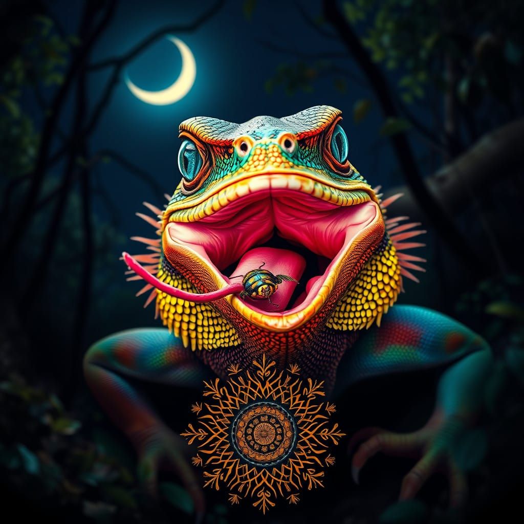 Moonlit Iguana in Vibrant Nocturnal Landscape