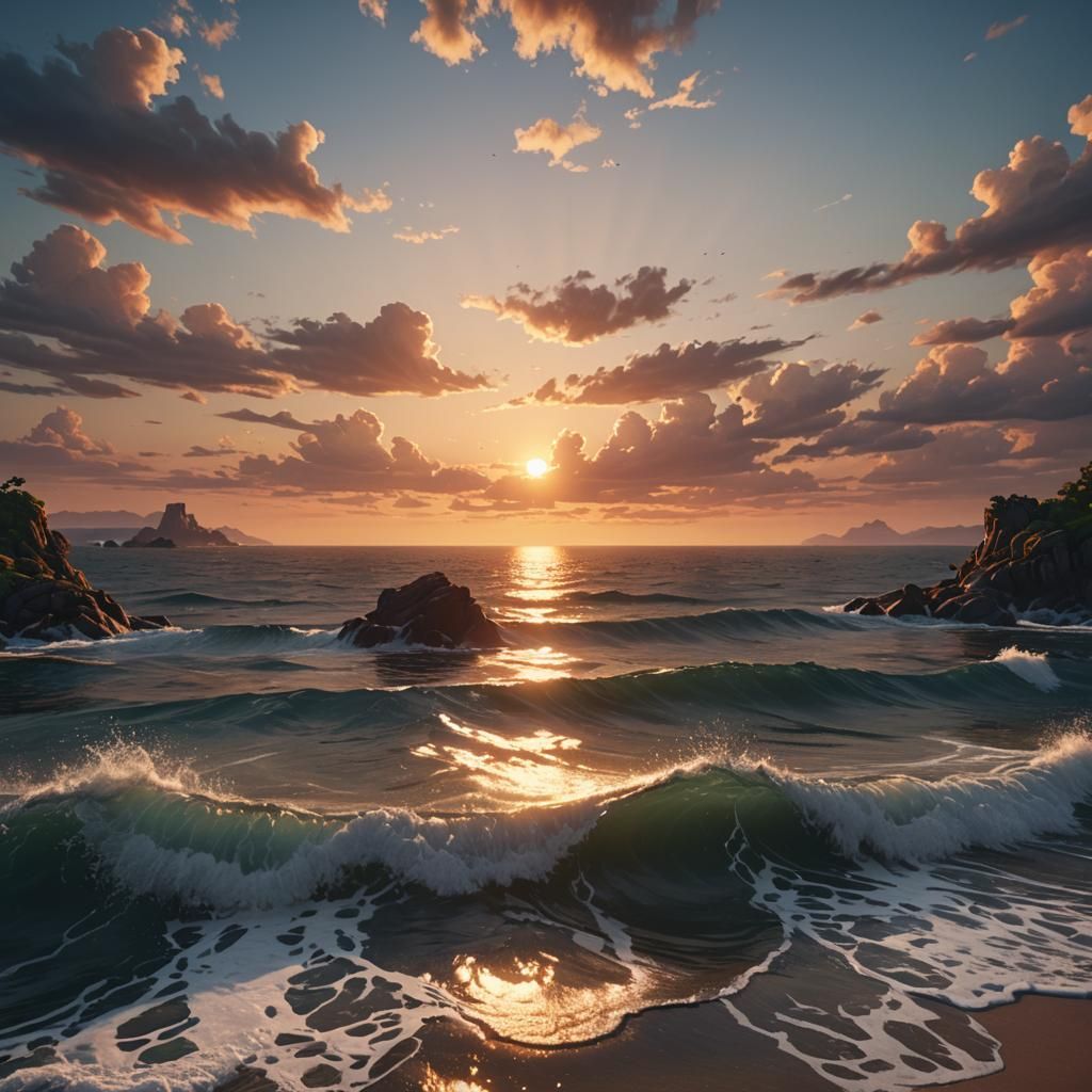 Epic Sunset Over Sea Rendered in 3D