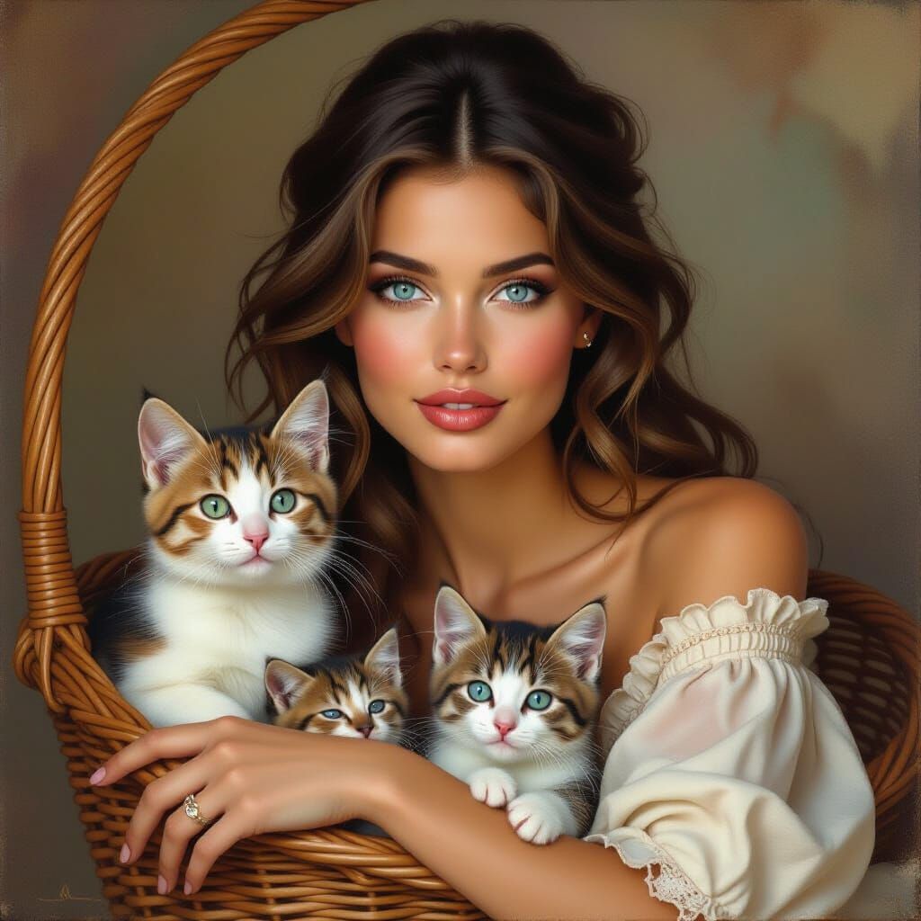 Woman with Cats, Impressionistic Art Nouveau Portrait