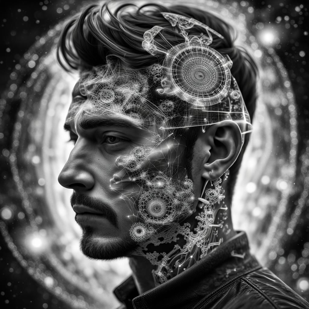 Monochrome Man: Cosmic Fantasy Double Exposure Portrait