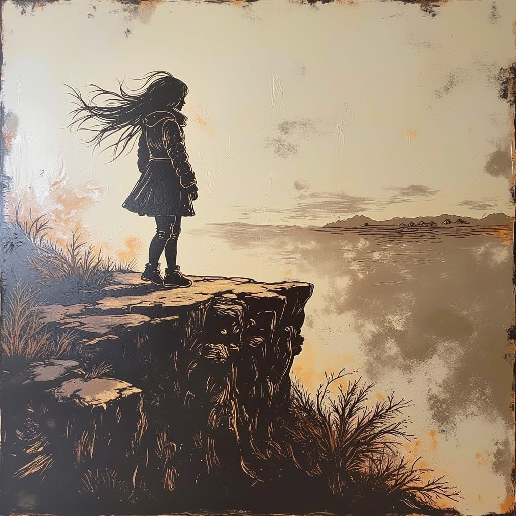 Windswept Figure at Cliff's Edge in Natural Light