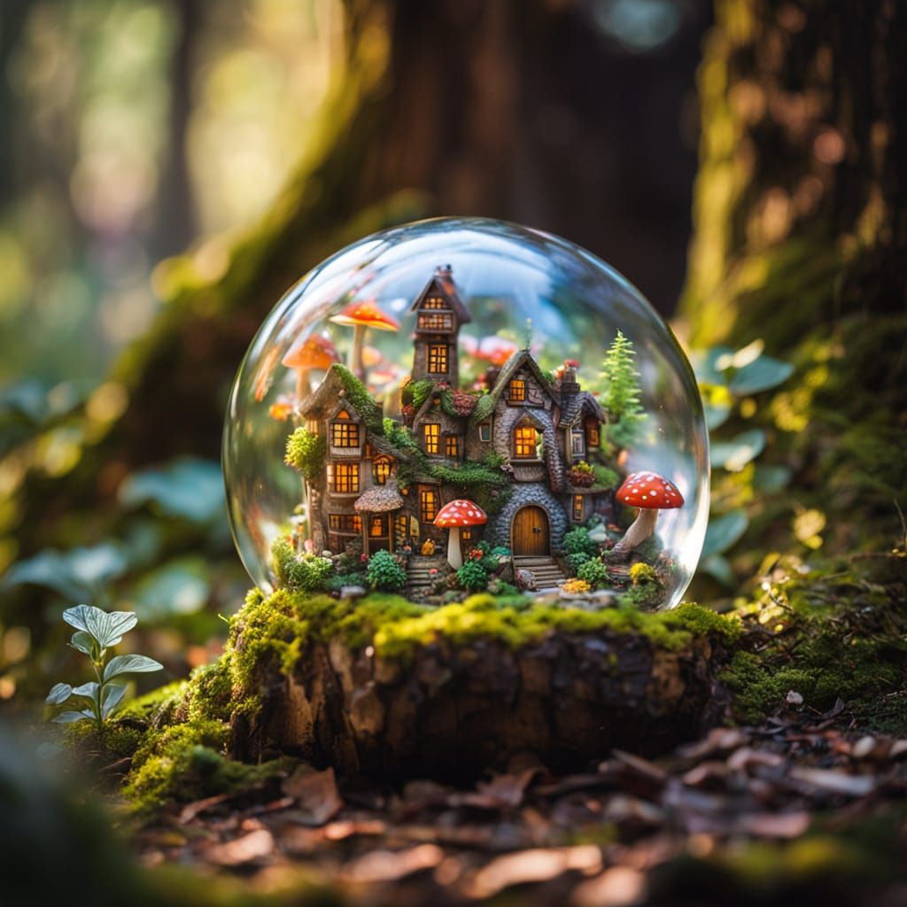 Miniature City in a Glass Sphere, Nestled in an Ancient Tree...