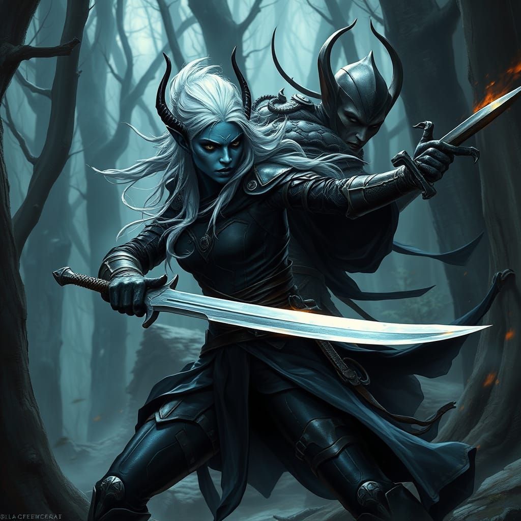 Dark Fantasy Warrior Clash in Ancient Forest, Drow vs Elf, H...