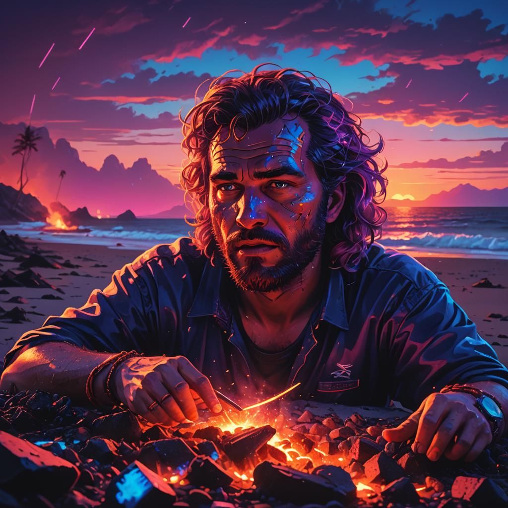 Synthwave Castaway Eating Glowing Coals at Dusk