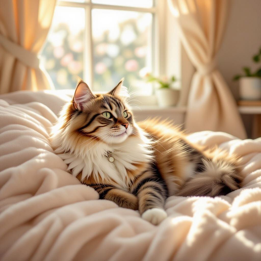 Cozy Cat on Blanket in Sunlit Room