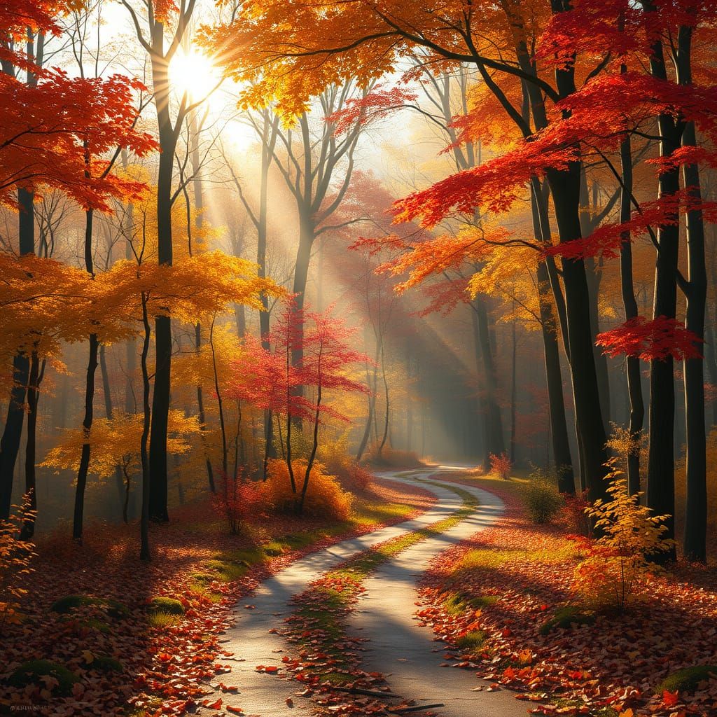 Sunlit Autumn Forest Path in Hyperrealistic Style