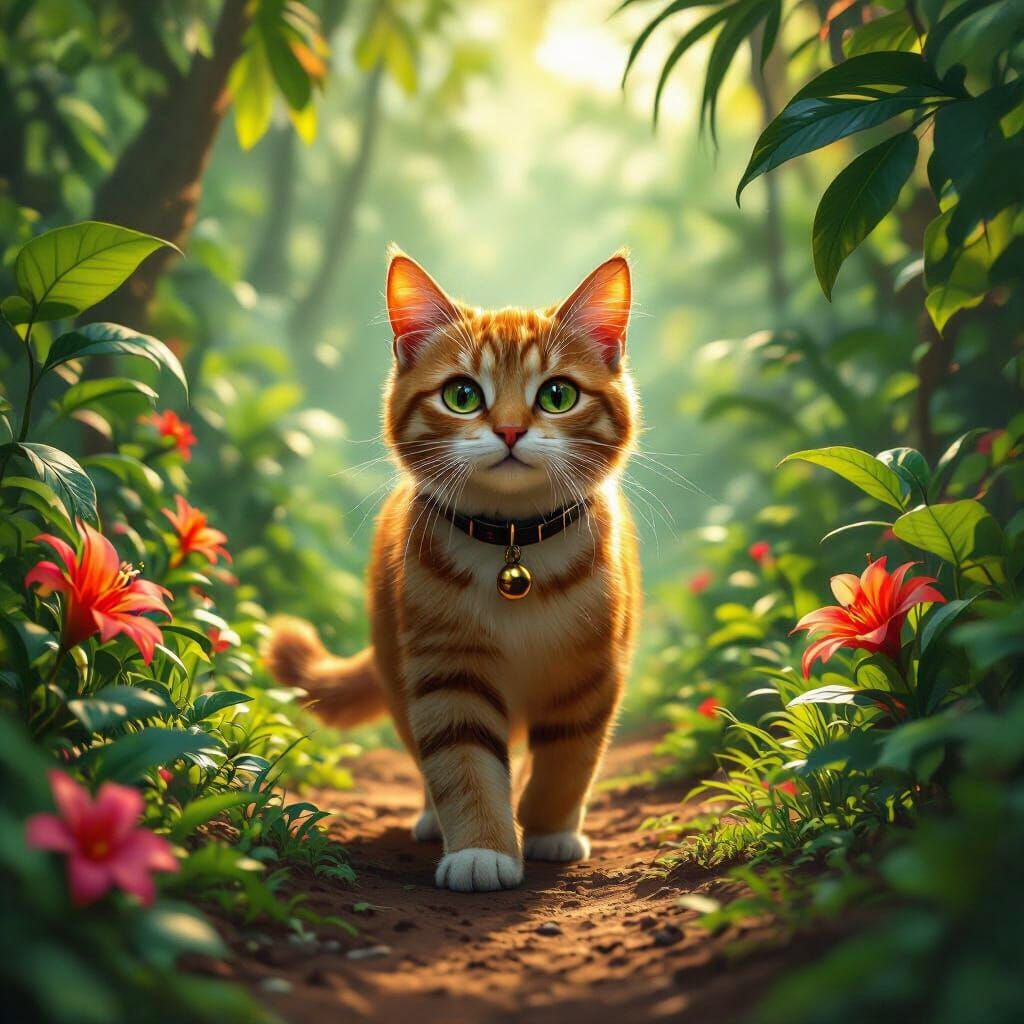 Cat's Rainforest Adventure: Digital Art in Golden Light