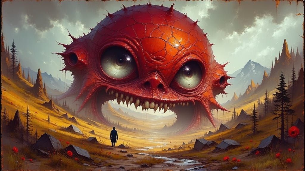 Menacing Biomechanical Eyeball in Dystopian Landscape