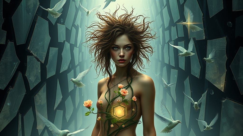 Ethereal Goddess Emerges from Surreal Labyrinth