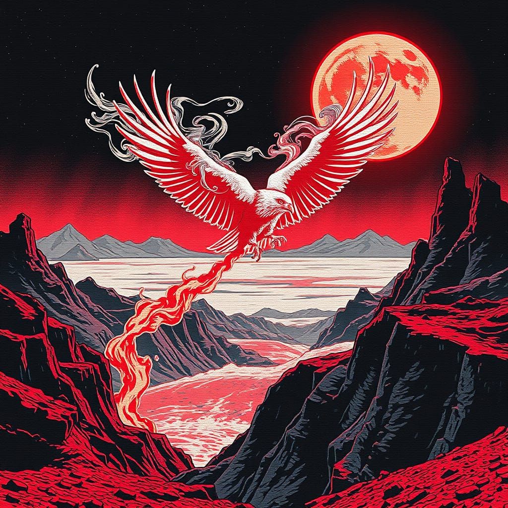 Ethereal Condor in Cosmic Desert Landscape, Cross-Stitch Sty...