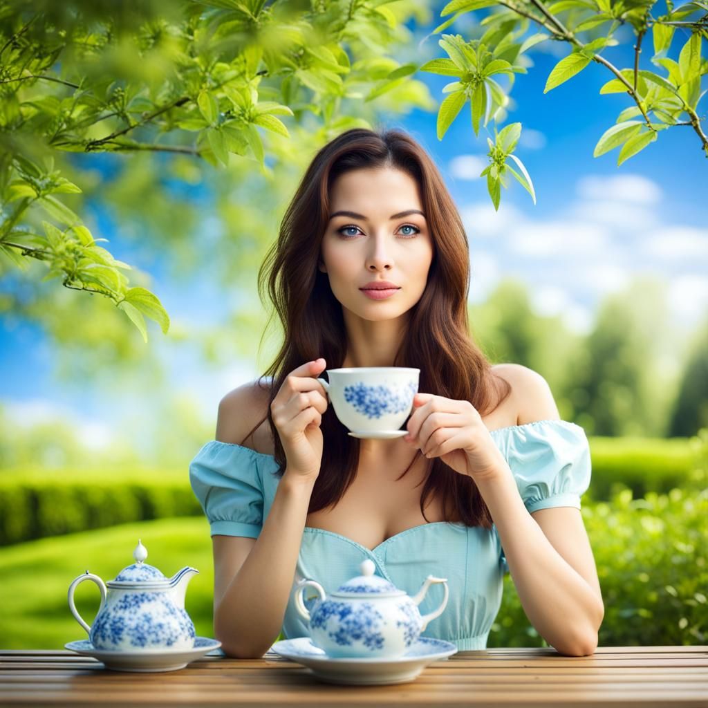 Woman Sipping Tea in a Sunny Garden