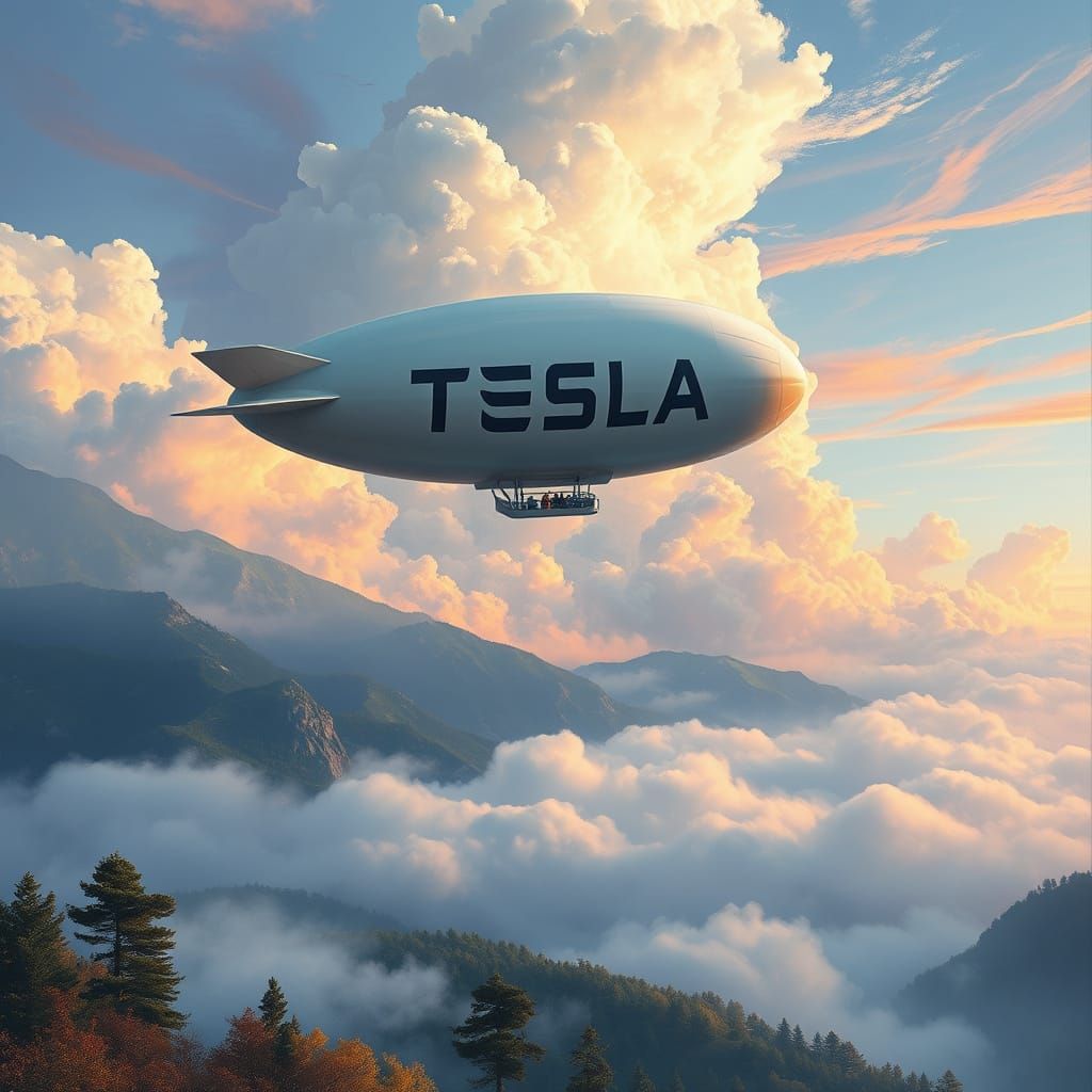 A Tesla Blimp Soars Between Clouds in a Vibrant Hyperrealist...