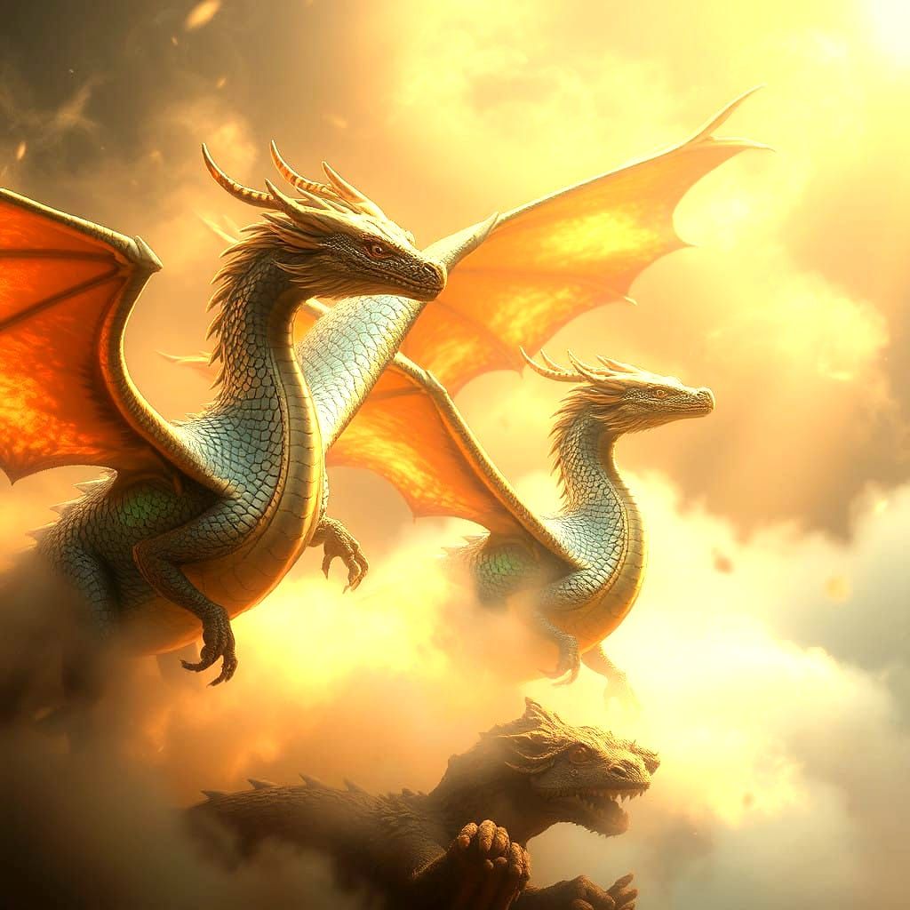 Ethereal Dragons Soar in Morning Mist