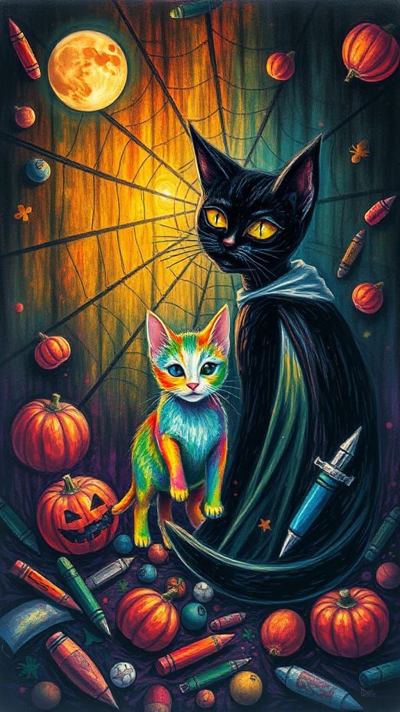 Halloween Cat and Santa Muerte in Childlike Crayon Art