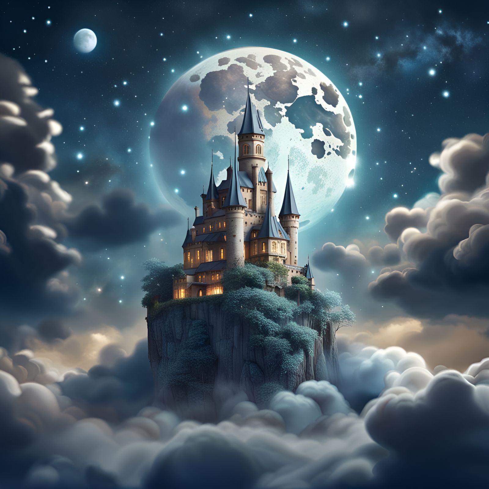 Air Castle Among Clouds and Starry Sky