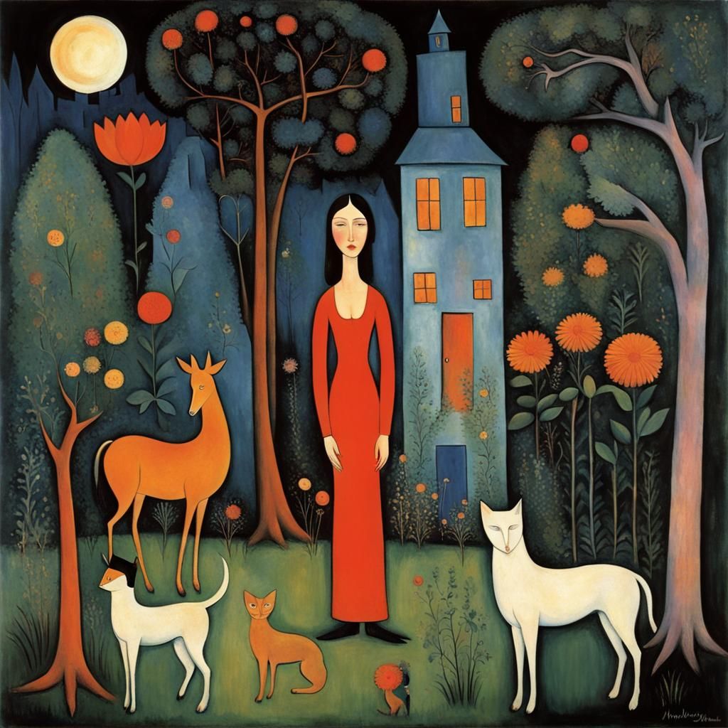 Fantastical Garden Scene in Folk Art Style