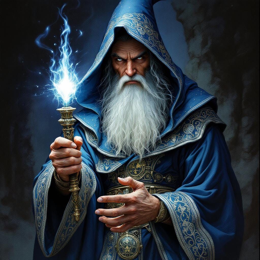 Wary Wizard with Glowing Wand, in Fantasy Art Style