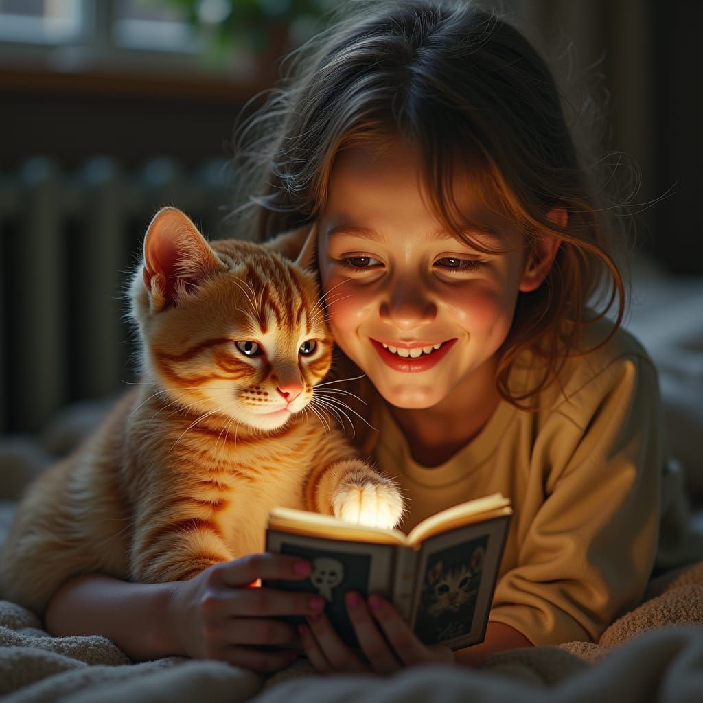 Happy Teen and Cat Share a Photo Memory