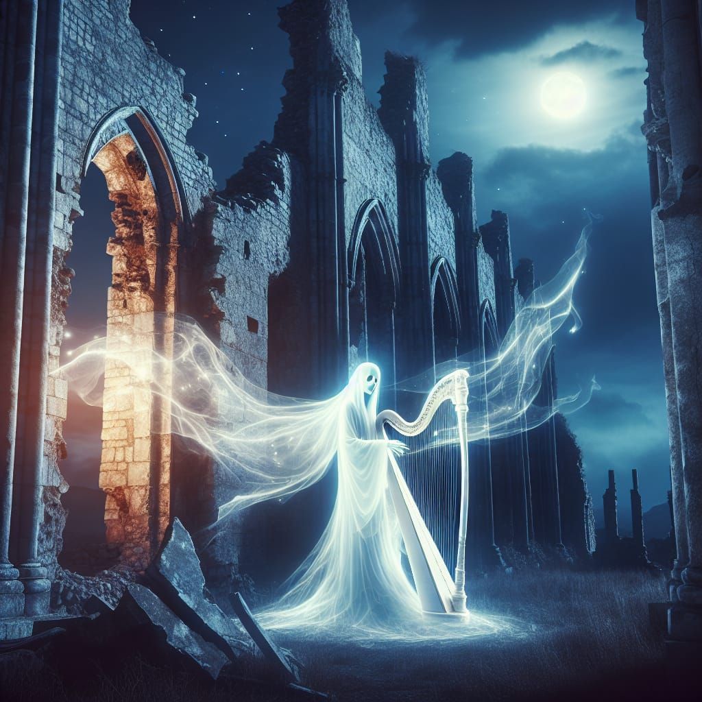 Ethereal Phantom Plays Harp in Ancient Castle