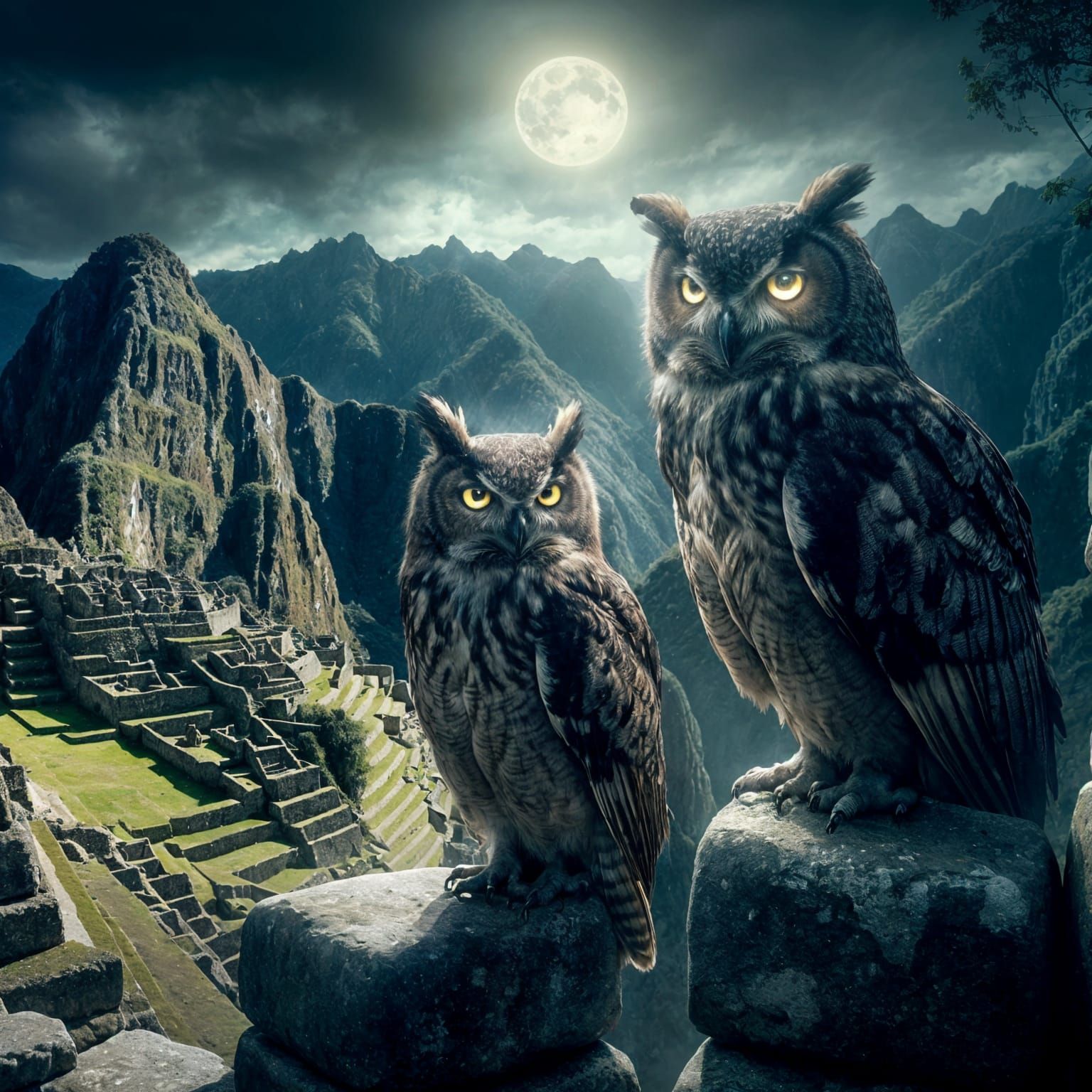 Owls Plotting at Misty Machu Picchu Under Moonlight