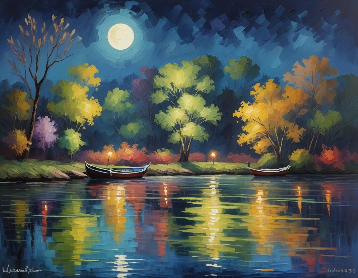 Moonlit Riverside: Neo-Impressionist Expressionist Oil Paint...