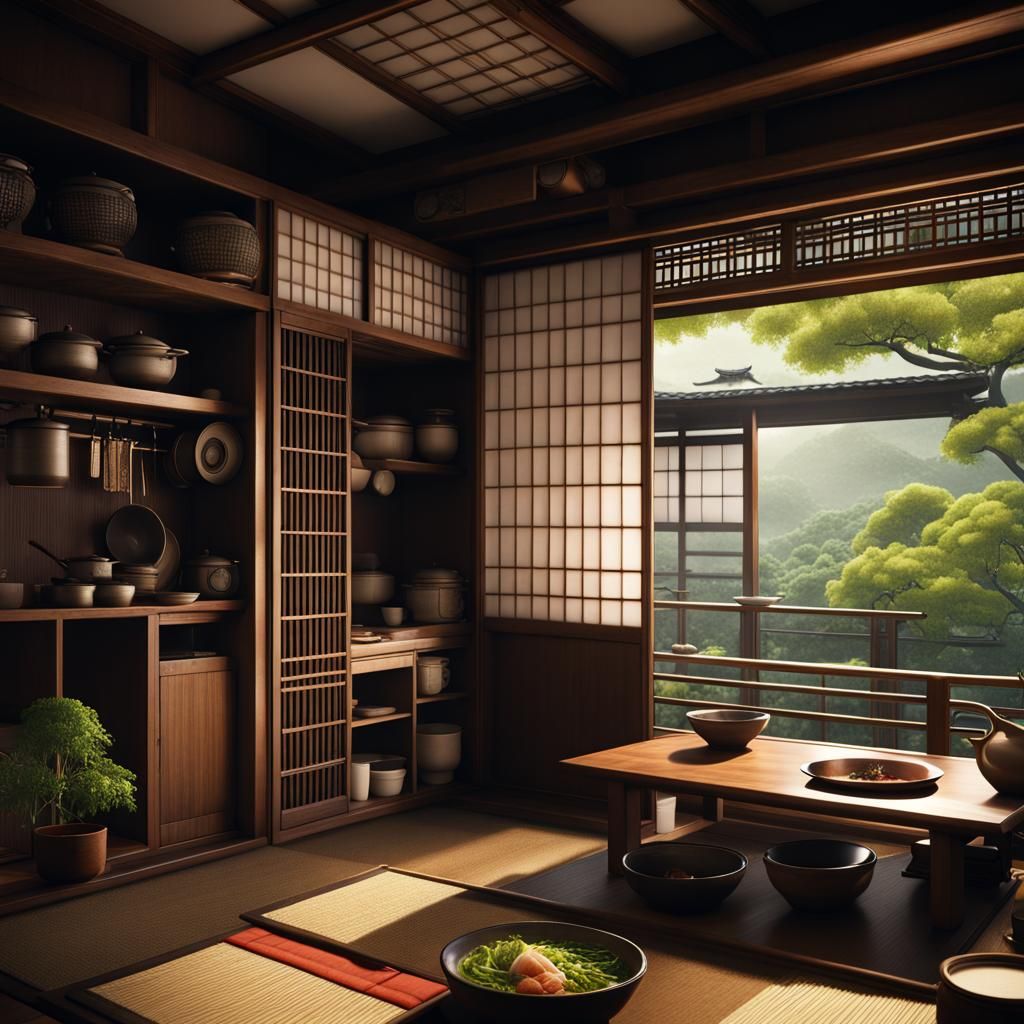 Japanese Kitchen with Balcony View in Detailed Matte Paintin...
