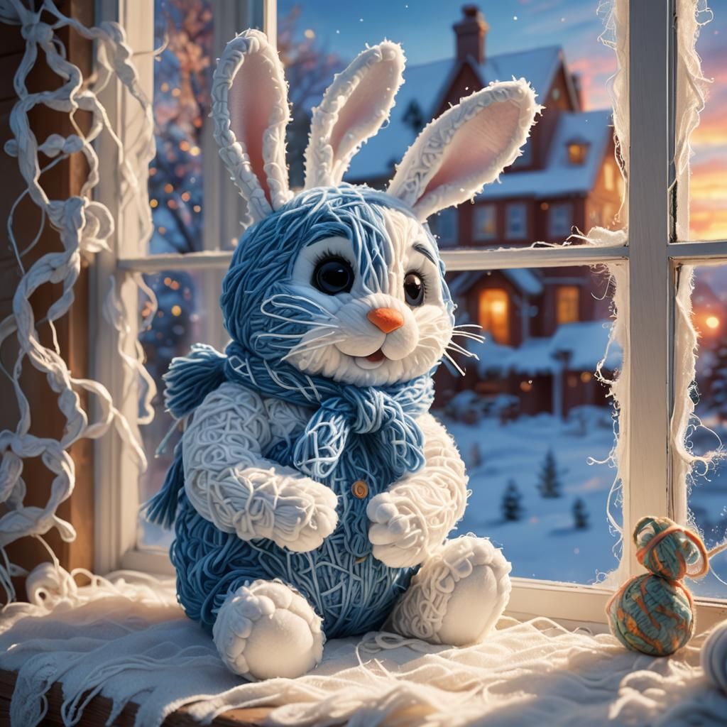 A happy fluffy  blue and white yarn bunny 50%sise stuffed to...
