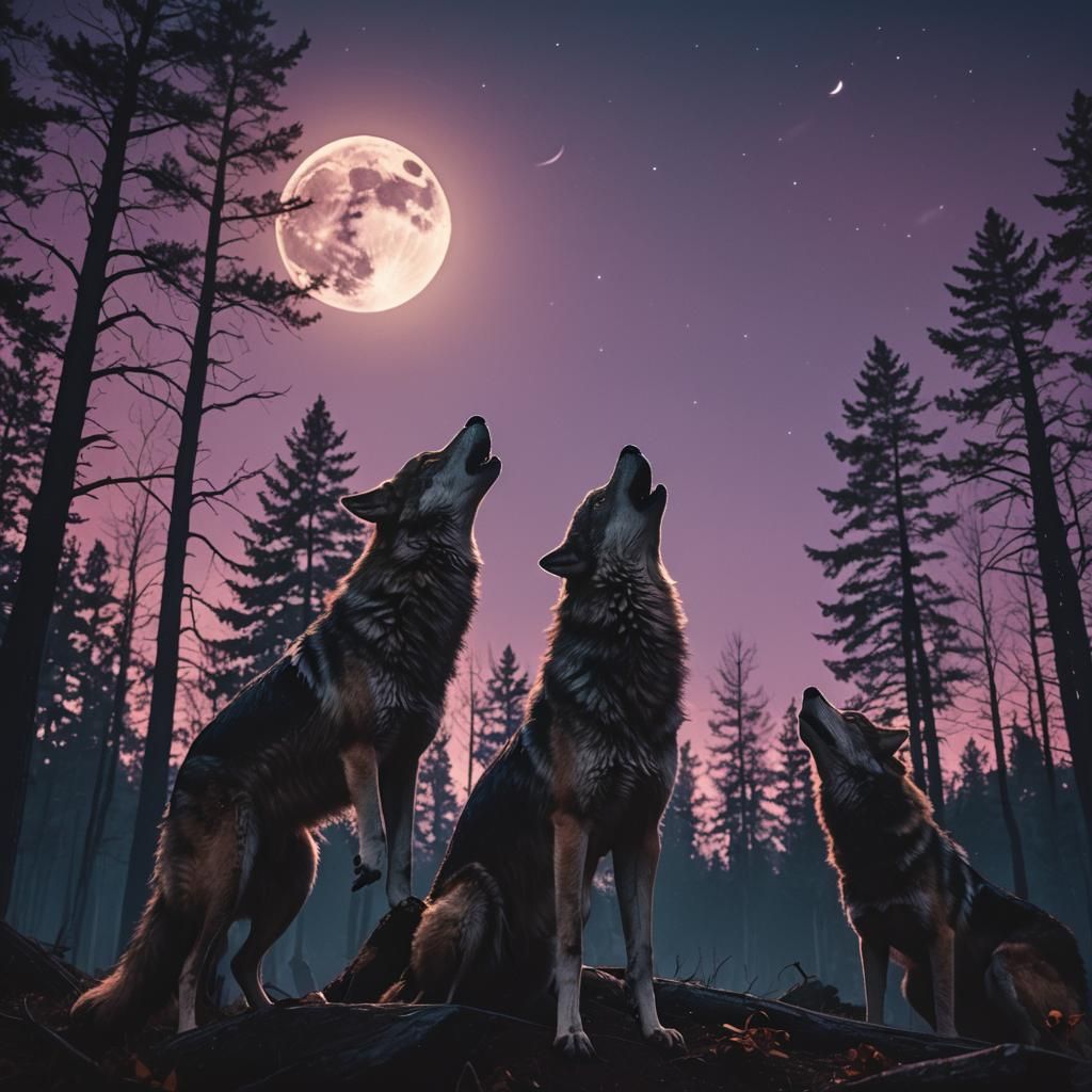 Wolves Howling at Moon in Cinematic Film Still