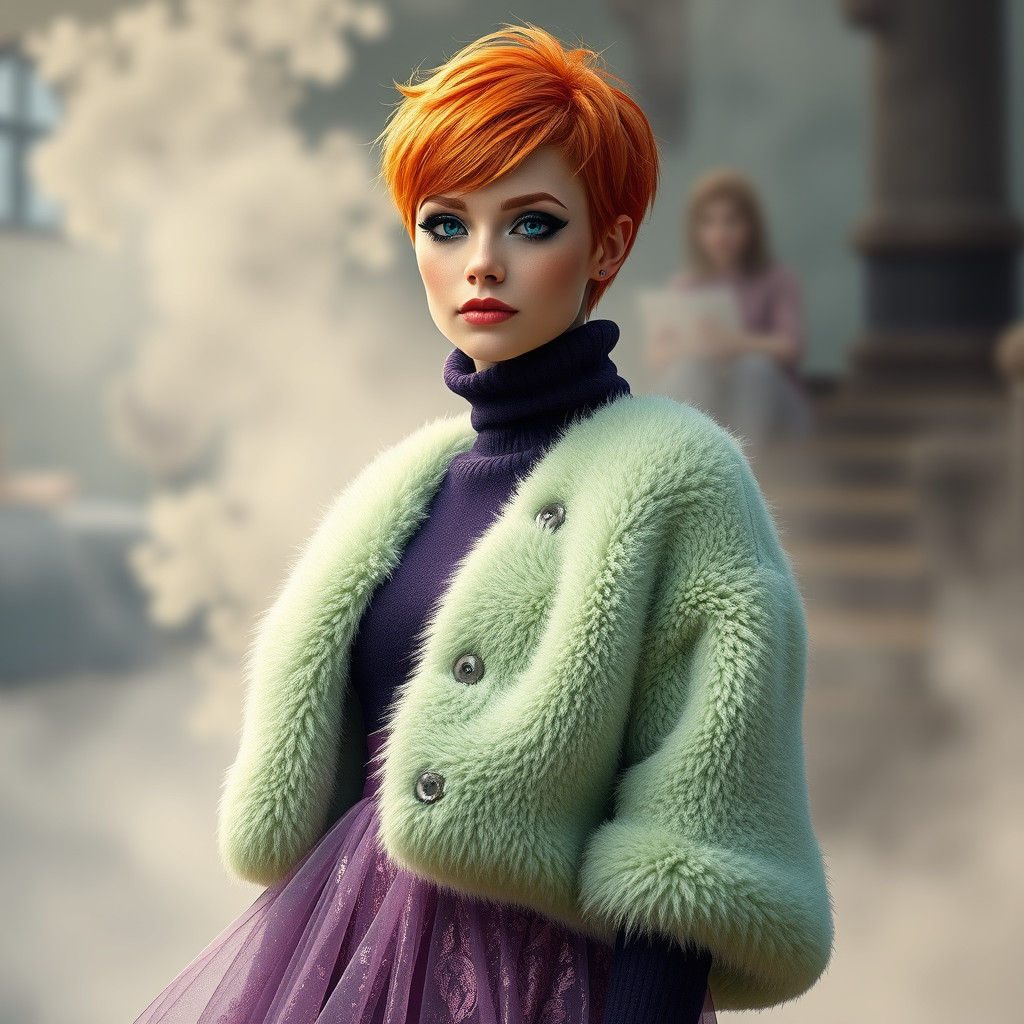 Ethereal Woman with Orange Hair in Dreamlike Setting