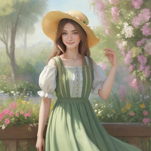 Fantasy Portrait of Girl in Floral Garden, Watercolor Style