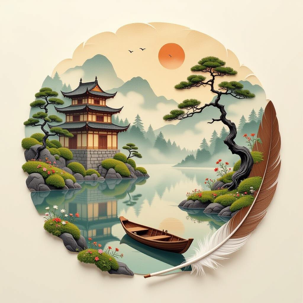 Wabi-Sabi Palace and Lake with Pastel Ink Textures