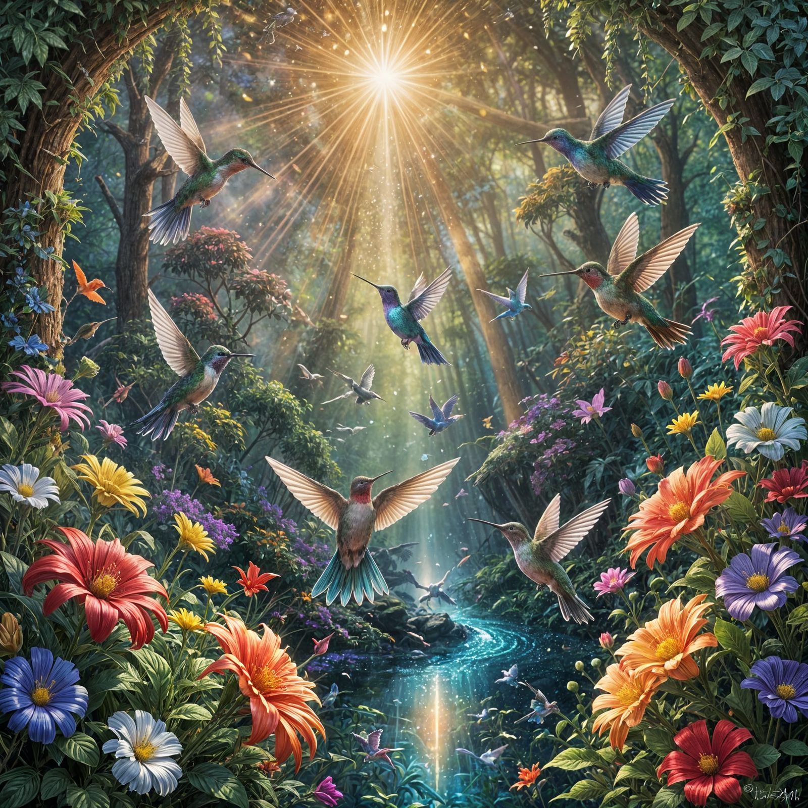 Epic Cinematic Hummingbirds in a Sunlit Garden of Jeweled Li...