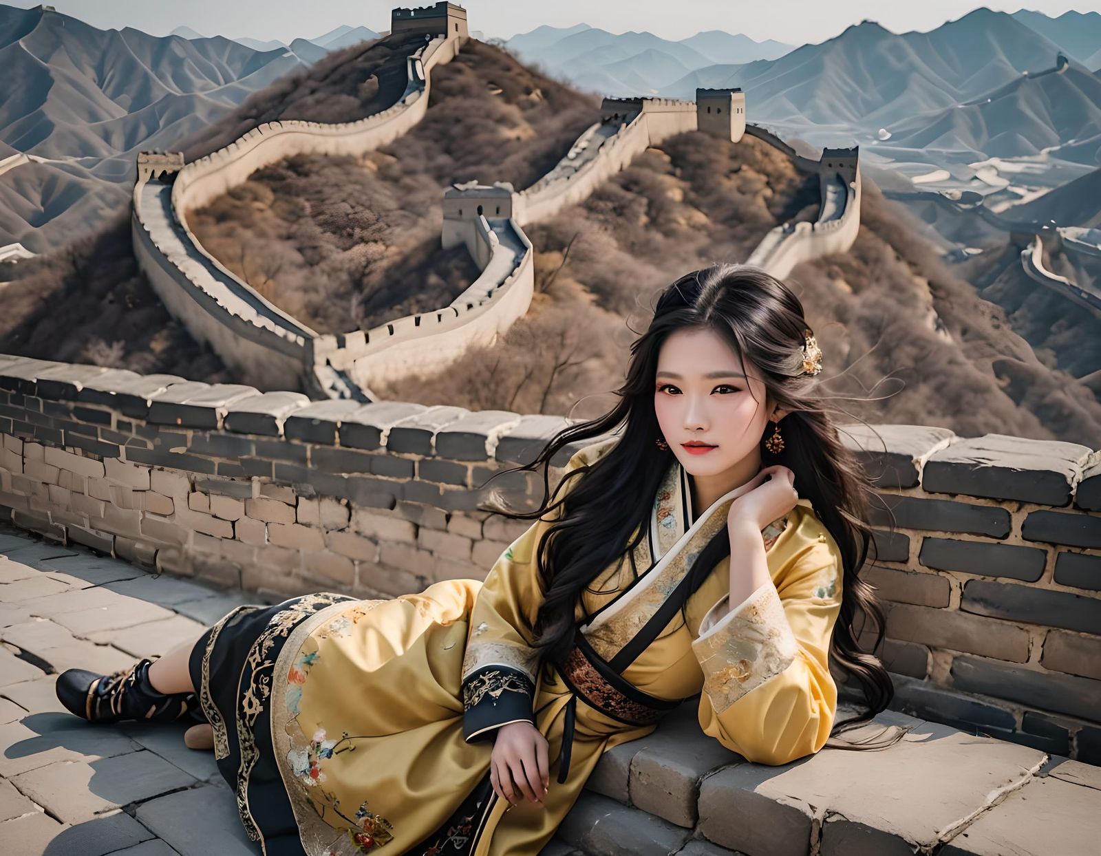 Chinese Woman at Great Wall in Traditional Dress