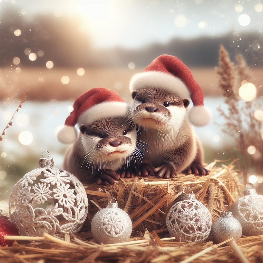 Two Fuzzy Otters on a Winter Wonderland Hay Bale