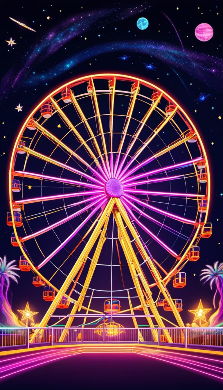 Ferris Wheel and Roller Coaster in Glitchcore Starry Space